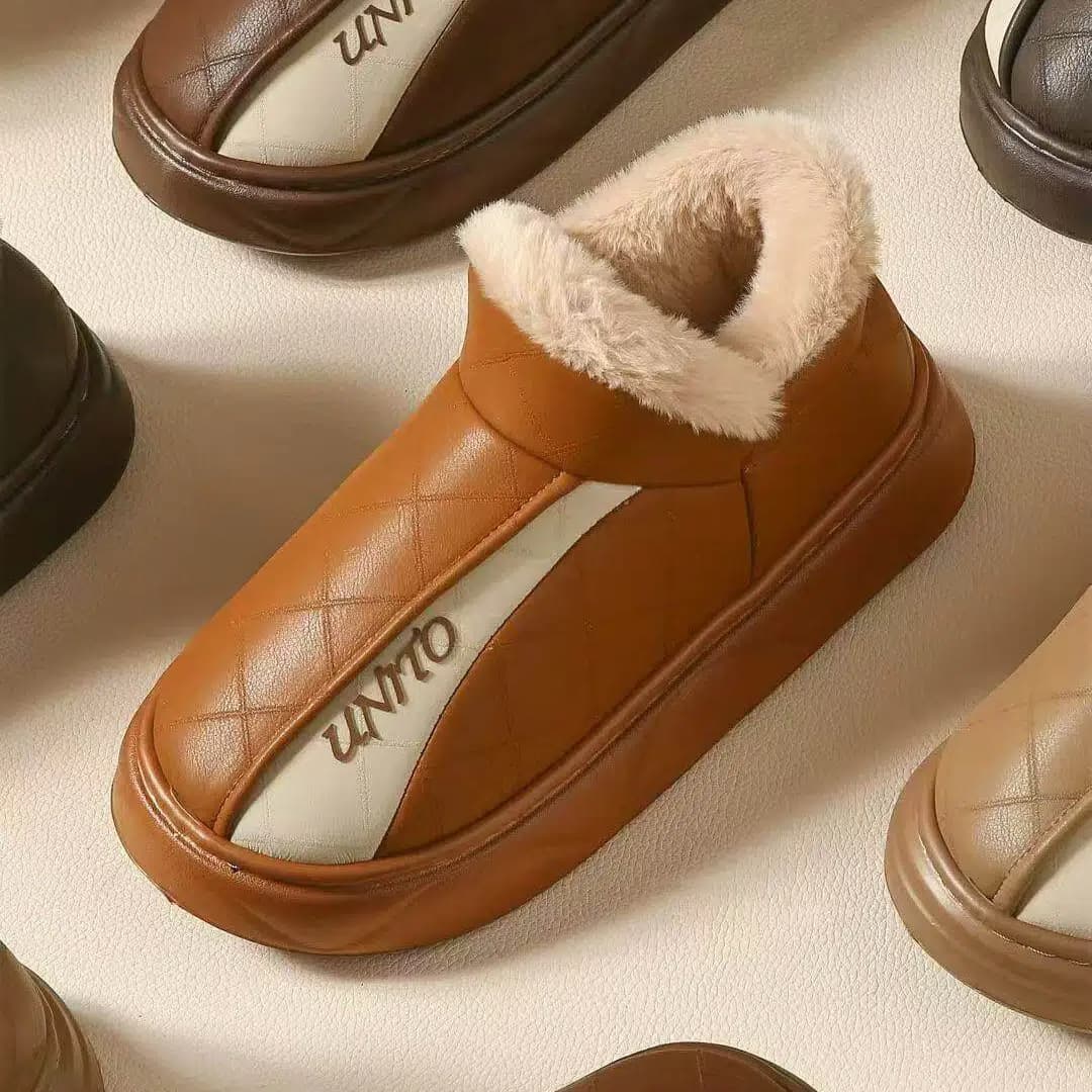 PU Waterproof Cotton Shoes Women's Winter New Fleece Lined Warm Indoor Home Wrap Cotton Slippers Men's Outdoor