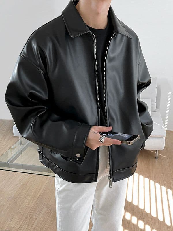Casual PU Leather Men's Jacket Spring Autumn Trendy Retro Style Zipper Closure No Hat Design Fashionable Biker Coat for Youth