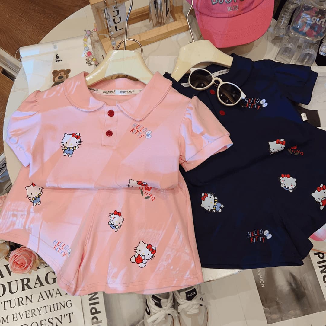 Girls short-sleeved T-shirt POLO shirt suit summer cartoon Korean version children's baby sports casual shorts pure cotton