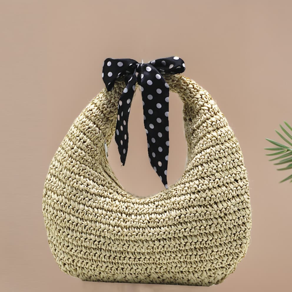 2026 new round hook woven bag portable straw bag Xiaohongshu popular woven bag silk scarf