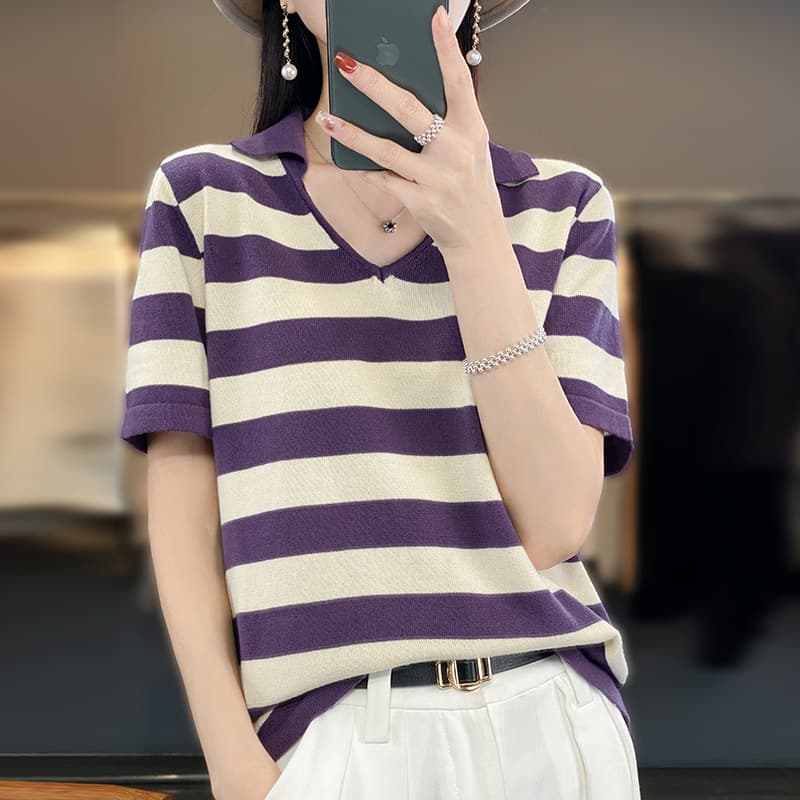 Polo Collar Pure Cotton Knit Short-Sleeve T-Shirt for Women, Summer Style, Age-Reducing Pullover Half-Sleeve Top, Loose Plus-Size Vest
