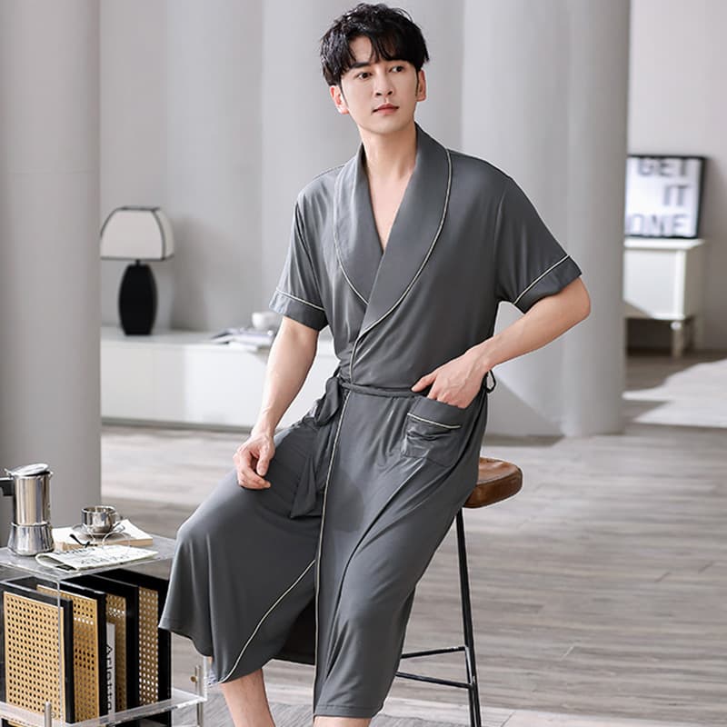 Modal Bathrobe for Men Summer Thin Short Sleeve Loose Fit Homewear Robe Wearable Outside