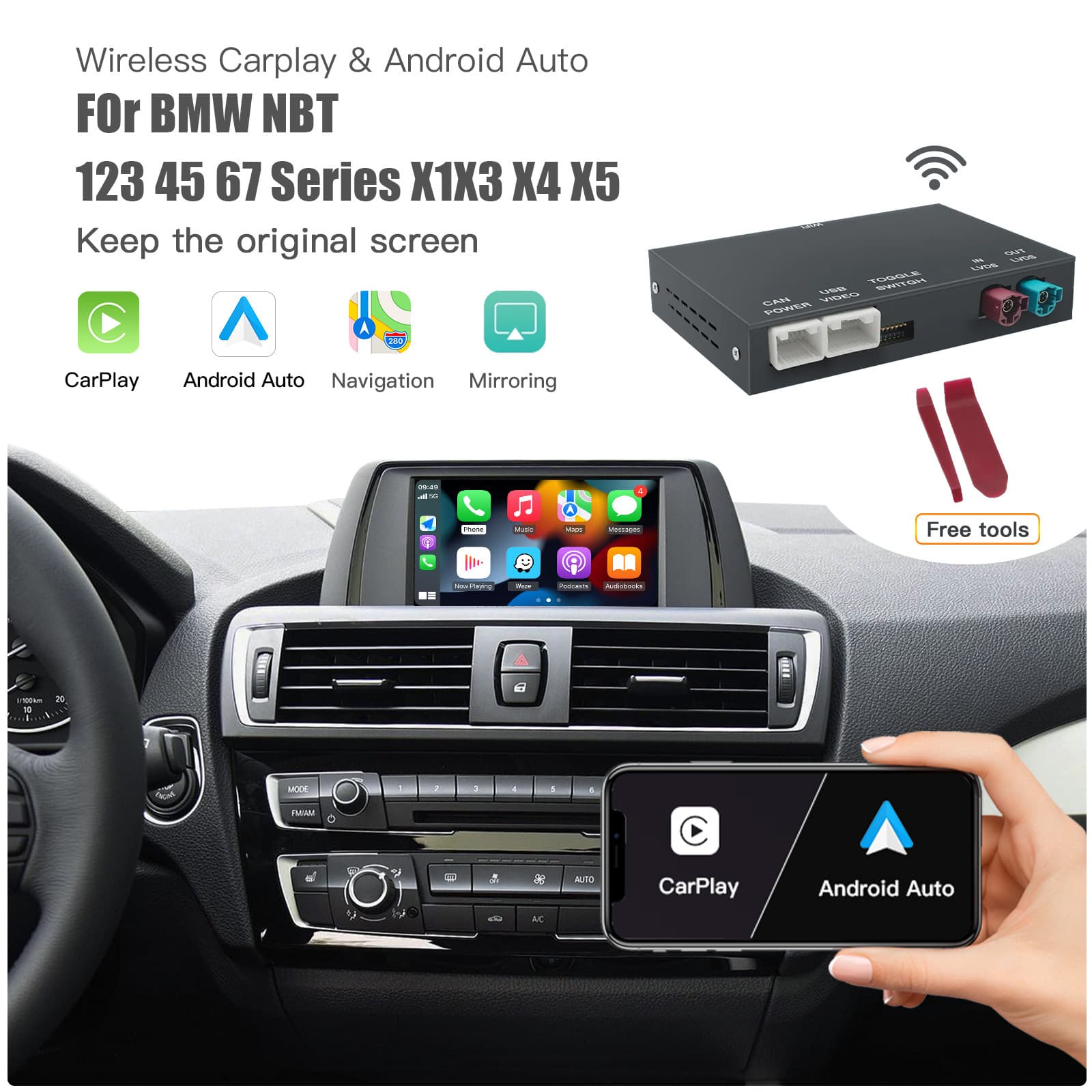 Wireless Carplay Android Auto Decoder for BMW NBT CIC System Compatible with 1 2 3 4 5 6 7 Series X1 X3 X4 X5 X6 MINI