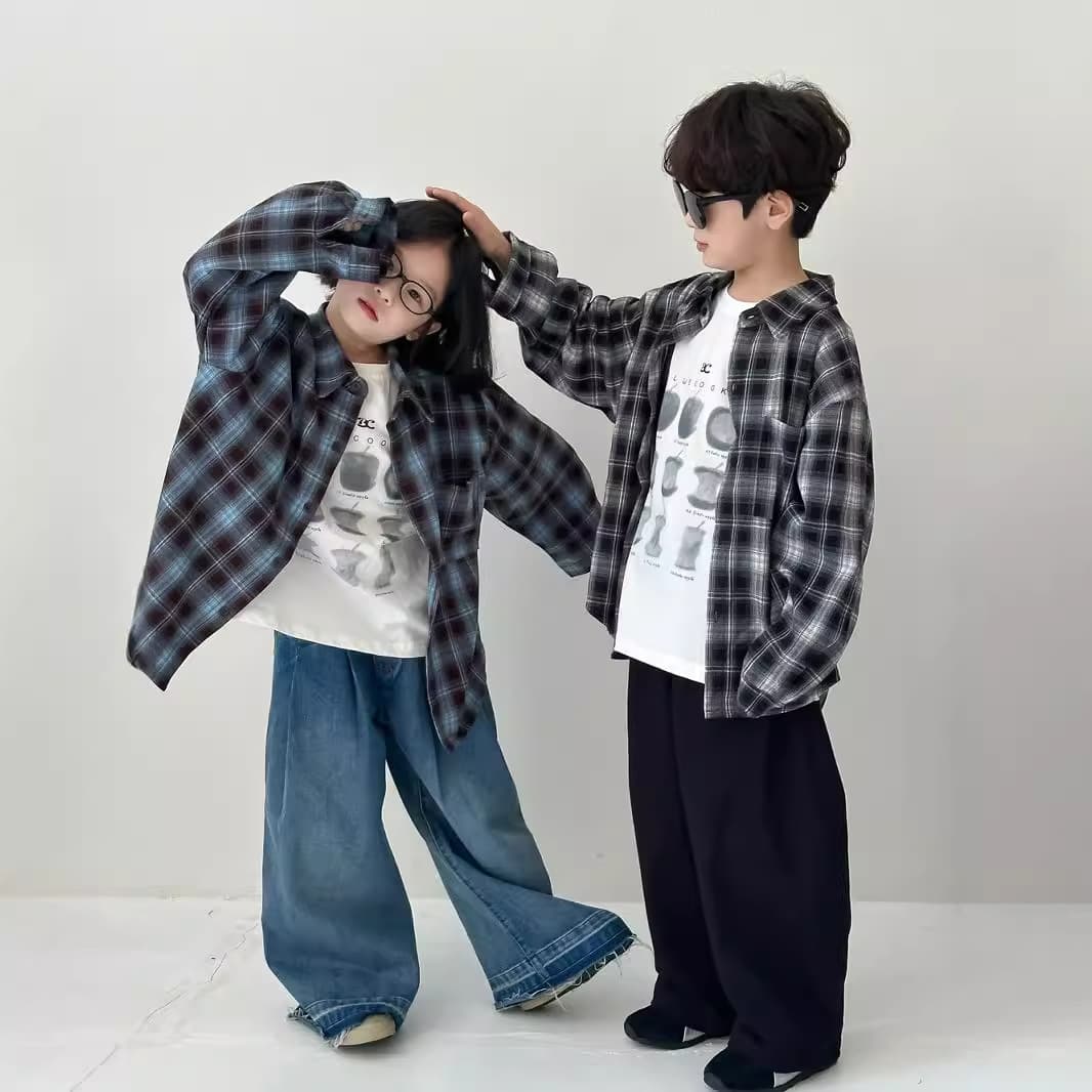 Children's Shirt 2025 Spring Collection, Korean Style Fleece Plaid Shirt for Boys and Girls, Casual, Versatile, Loose Long-Sleeved Top