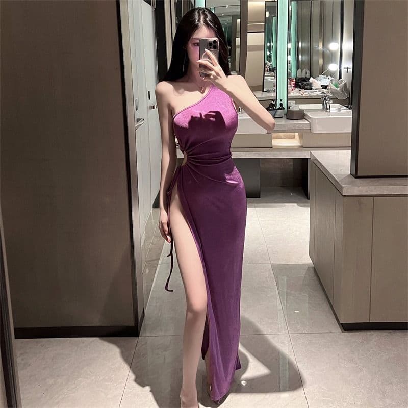 Cross-border wholesale Korean summer long dress pure lust sexy hot girl slope neck off-shoulder ultra-high slit dress