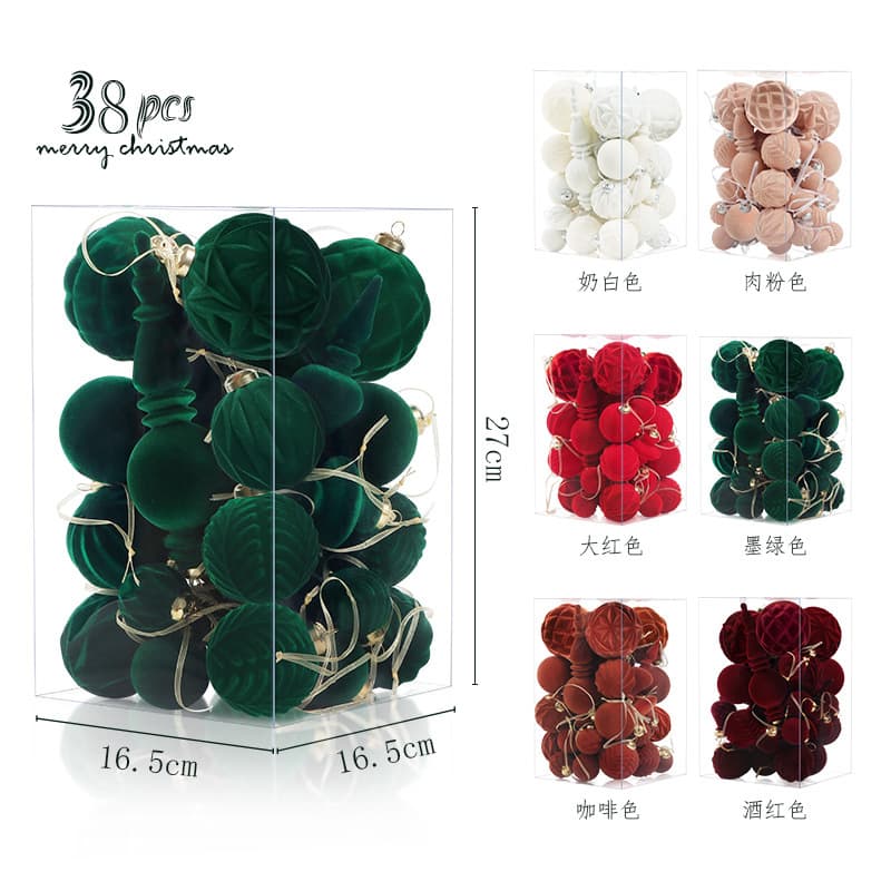 Cross-border New Christmas Ball 38-Pack Flocked Ball Shaped Christmas Tree Hanging Decoration Background Holiday Event
