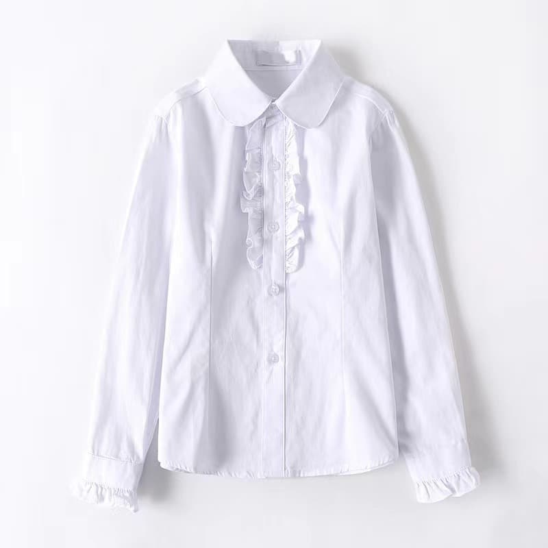 New Girls White Blouse with Lace Cuffs Long Sleeve Crescent Long Sleeve School Shirt Cotton Campus Style