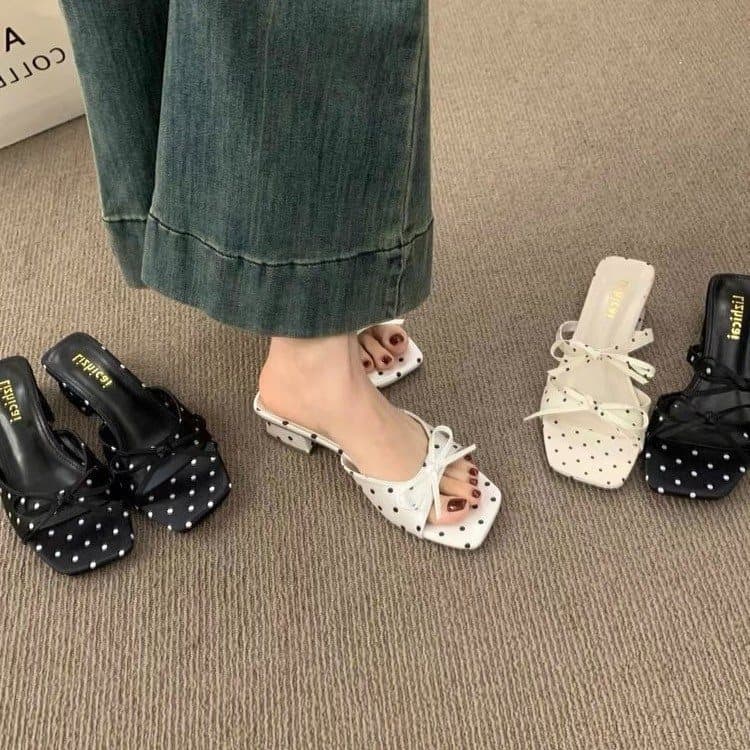 Women's Satin Polka Dot Flat Sandals Summer 2026 Square Toe One-Band Slip-On Dress Shoe