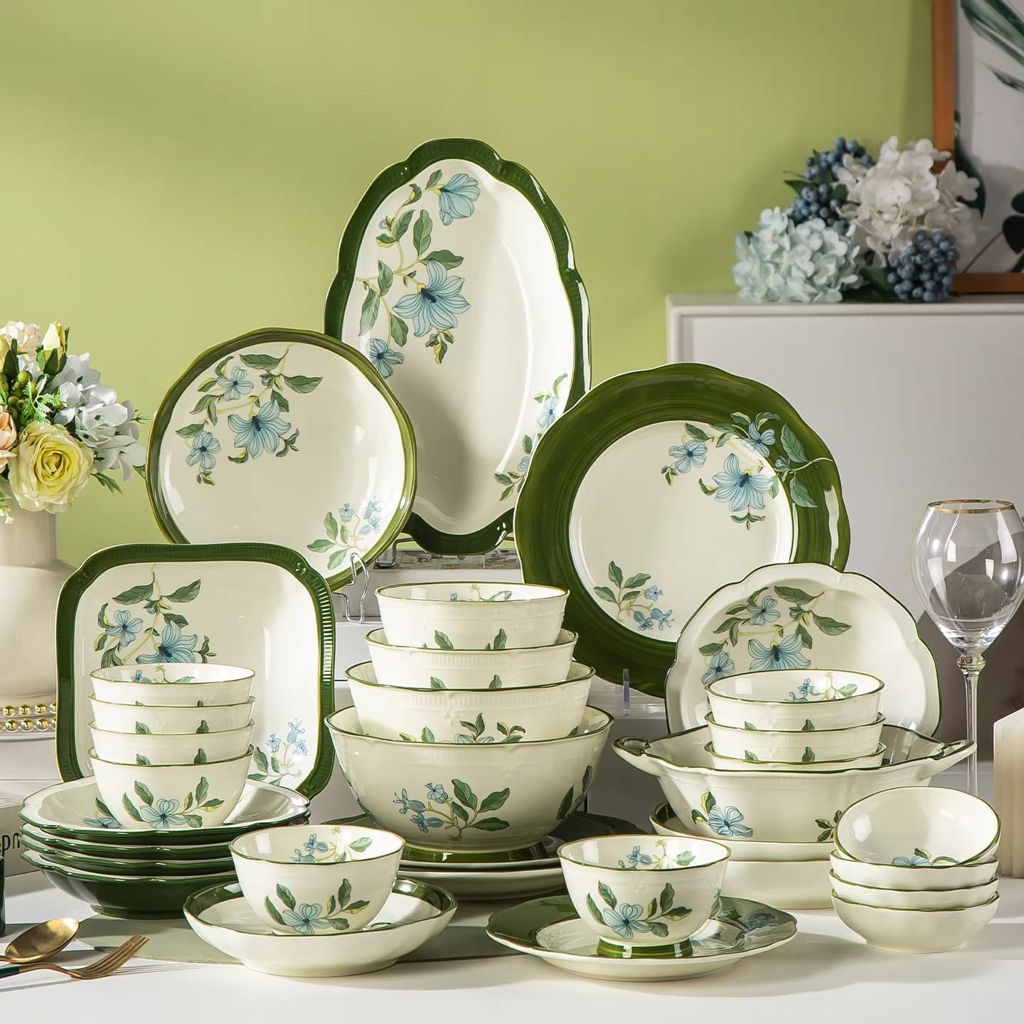 Underglaze Ceramic Yuejin Zhiyue New Bowl and Dish Set Household Nordic Style Green Floral Tableware Rice Bowl Plate