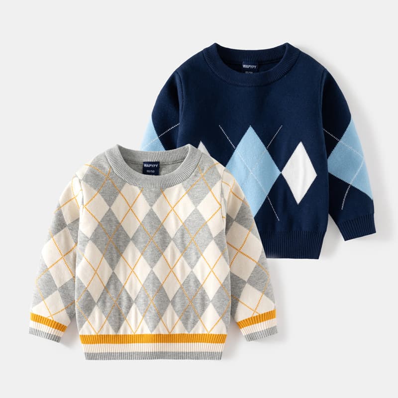 Children's Sweater Wholesale 2026 Autumn Winter New Boys Diamond Pattern Knit Pullover Thick Sweater Trendy