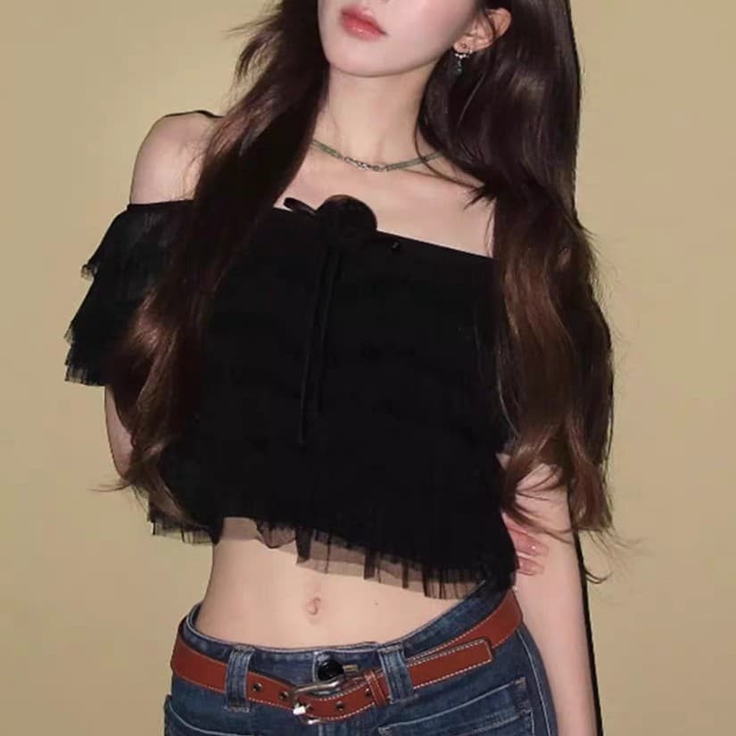 Zhao Lusi Style Black 3D Floral One-Shoulder Mesh Top Women Summer French Off-Shoulder Short Sexy Crop Top