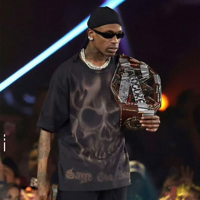 Travis Scott x WWE joint SS25 skull logo letter print short-sleeved T-shirt for men and women