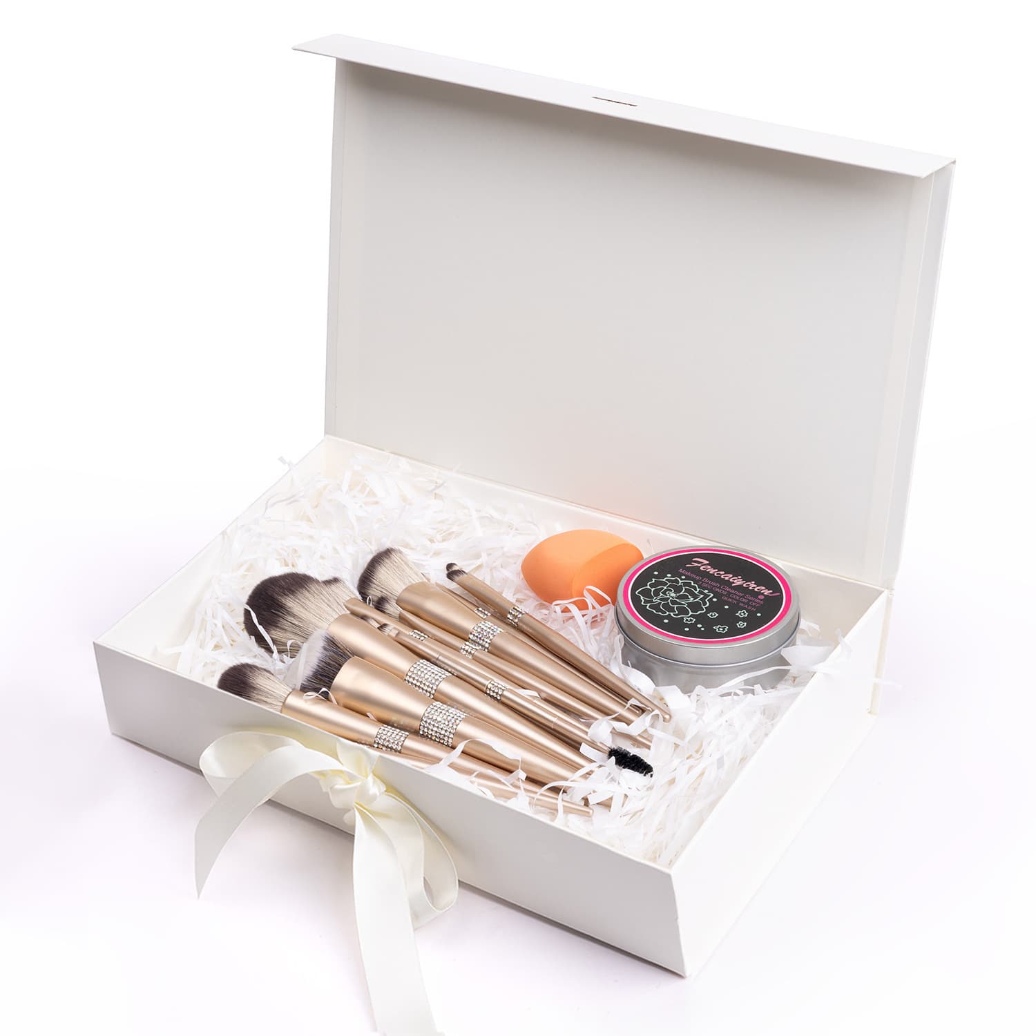 Radiant Queen 12-Piece Champagne Gold Rhinestone Makeup Brush Set with Cleaning Case, Beauty Tools, Holiday Gift Box