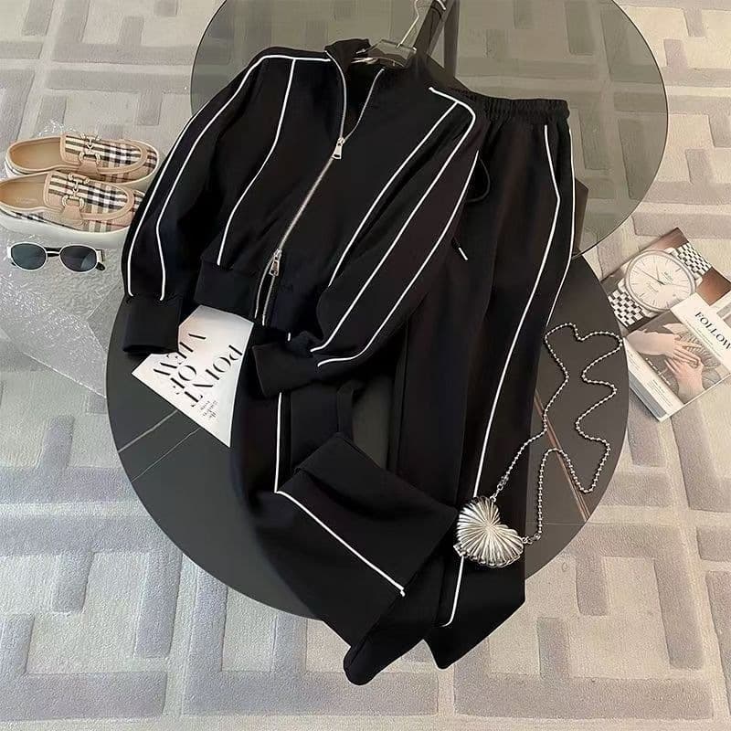 Streetwear Sports Set for Women Autumn Fashion Casual Youthful Zipper Hoodie Wide-Leg Pants Two-Piece Trendy