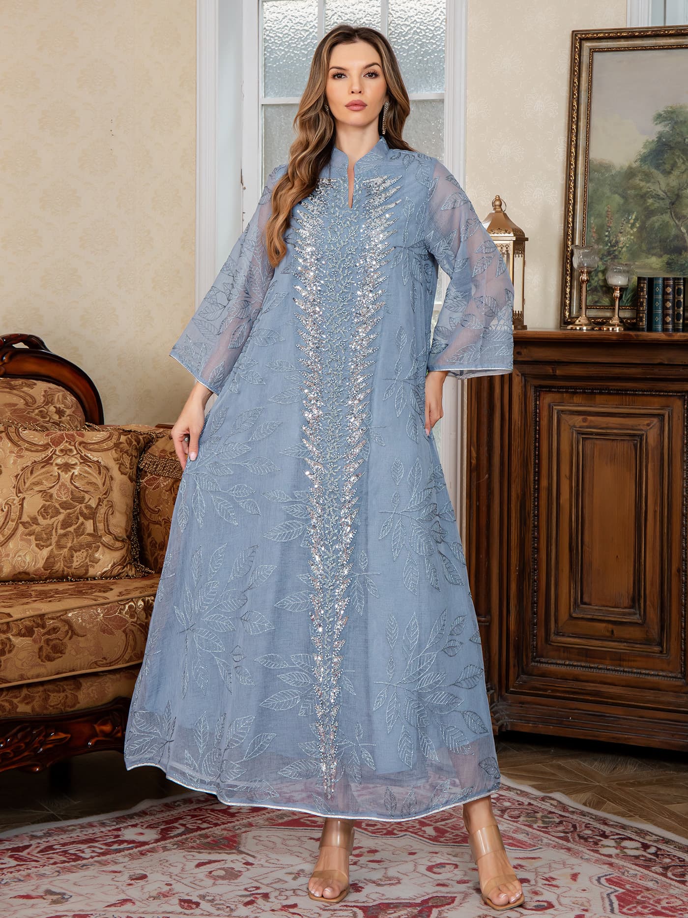 Cross-border Hot Selling Stock Mesh Full Embroidery Long Robe Kaftan Factory Wholesale New Sequin Heavy Craft Robe