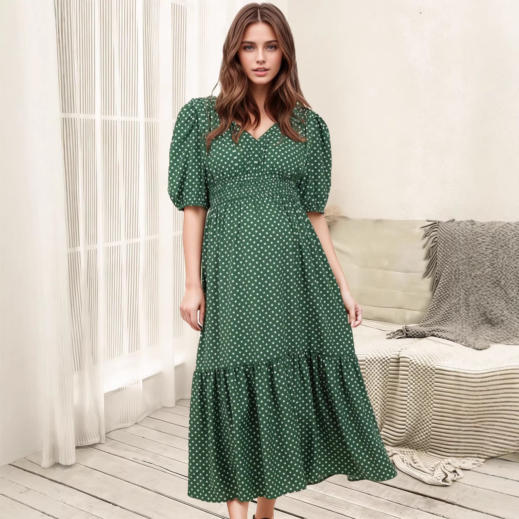 Women's Polka Dot V-Neck Maternity Dress with Puff Sleeves and Waist Cinching, Fresh and Stylish Daily Commute Wear for Pregnancy