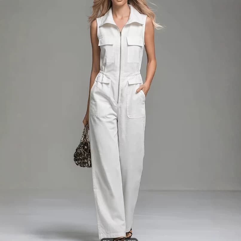 2026 Summer New White Sleeveless Jumpsuit for Women, Turn-down Collar Zipper Waist Straight Wide-leg Trousers with Cargo Style