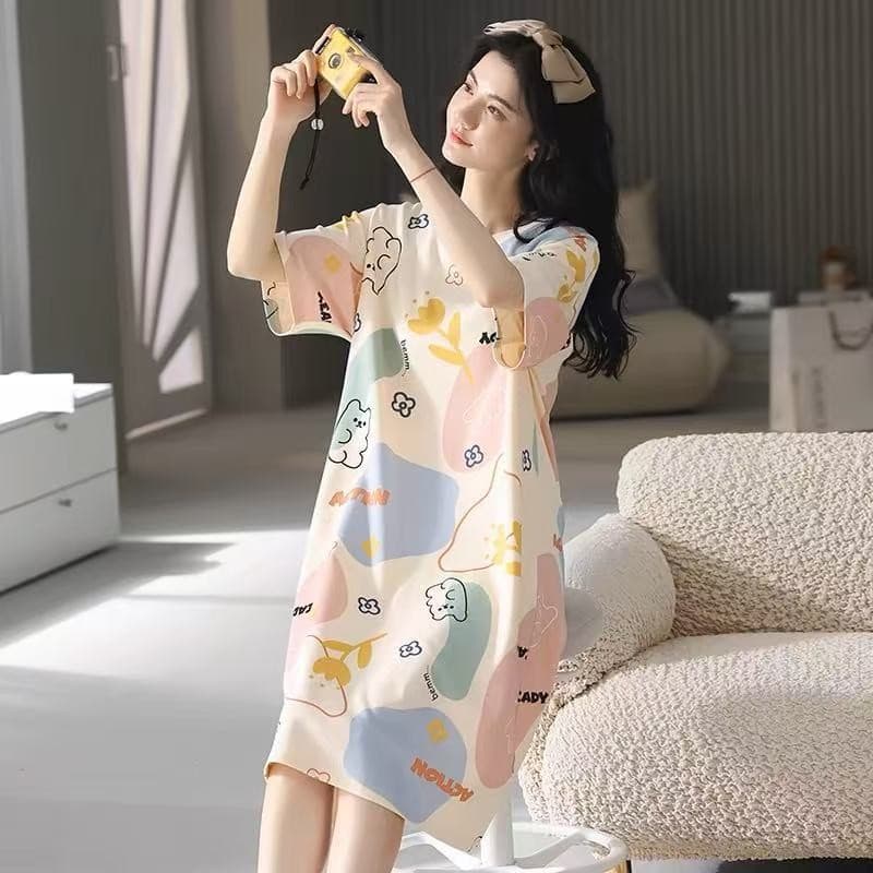 Women's Nightgown Summer Korean Style Ins Spring Autumn Student Homewear Cute Thin Short Sleeve Loose Pajamas for Pregnant Women Summer
