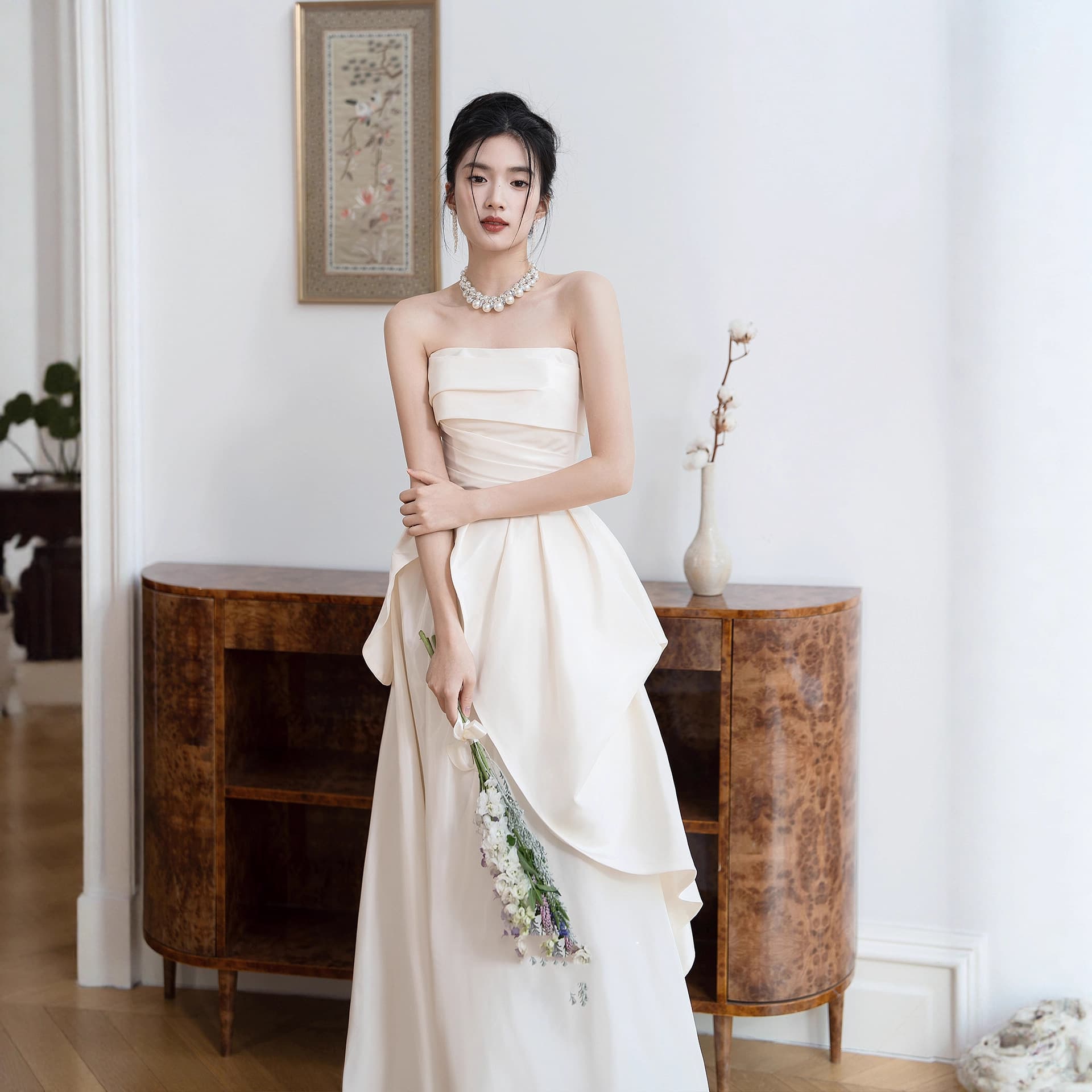 French tube top bridal engagement dress female light luxury niche light wedding dress certificate registration temperament long small white dress