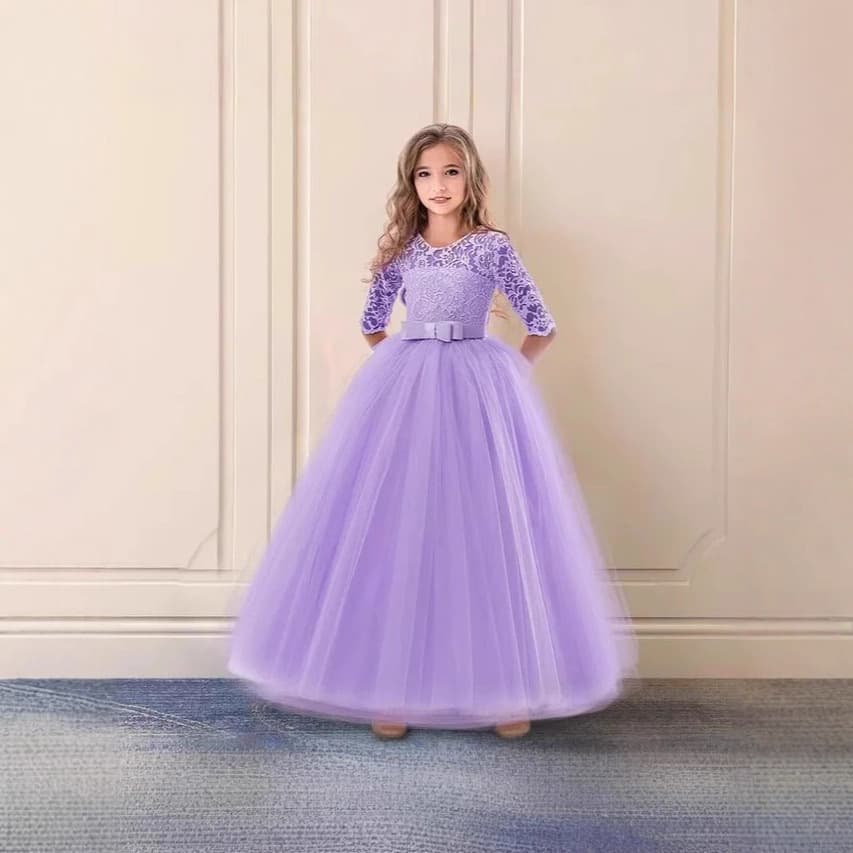 Girl's Performance Dress Short Sleeve Tutu Skirt Flower Girl Wedding Birthday Princess Dress Three-Quarter Sleeve Lace Dress
