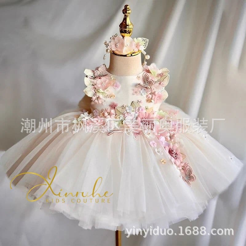 Children's Lolita Dress with Flowers, One-Year-Old Flower Girl Wedding Tutu Skirt with Feathers, Lolita Princess Dress for Girls