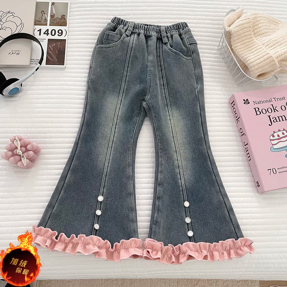 Girls' velvet integrated velvet jeans winter 2025 new style little girls' stylish lace beaded micro-flared pants