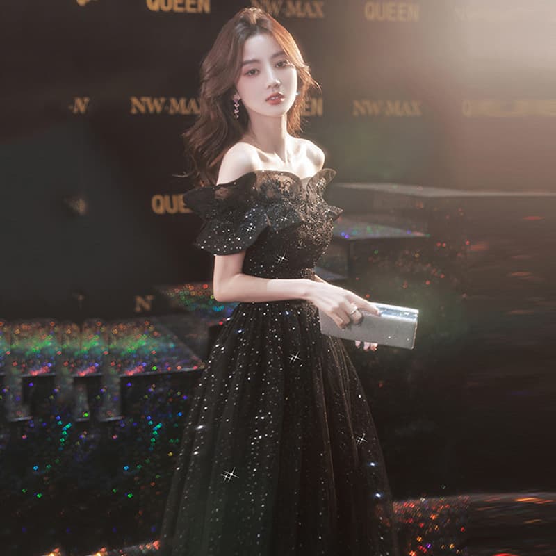 Banquet evening dress, charming black wedding dress, birthday one-shoulder host adult ceremony three-dimensional pattern