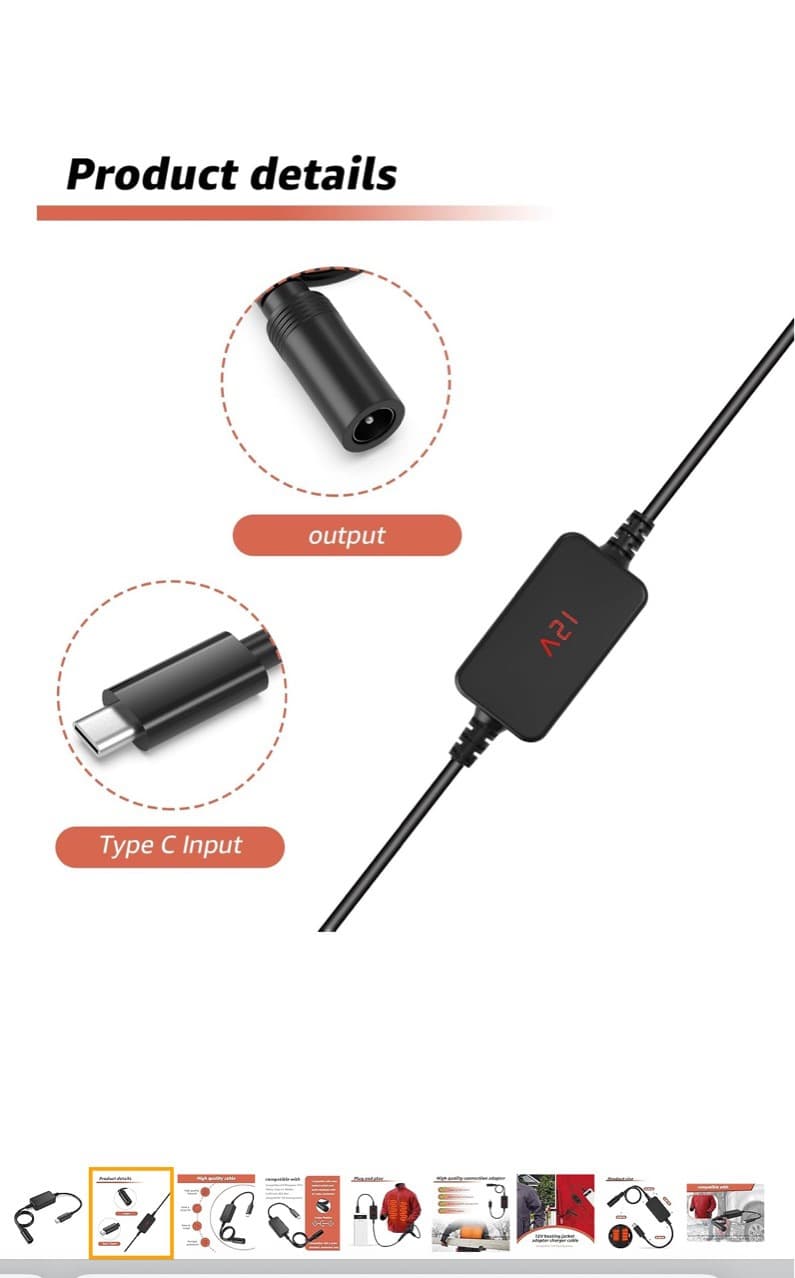PD Trigger Cable Type-C to DC 5.5mm Female Charging Cable and PD 12V/9V Emergency Power Supply for Heating Clothing Connection Cable