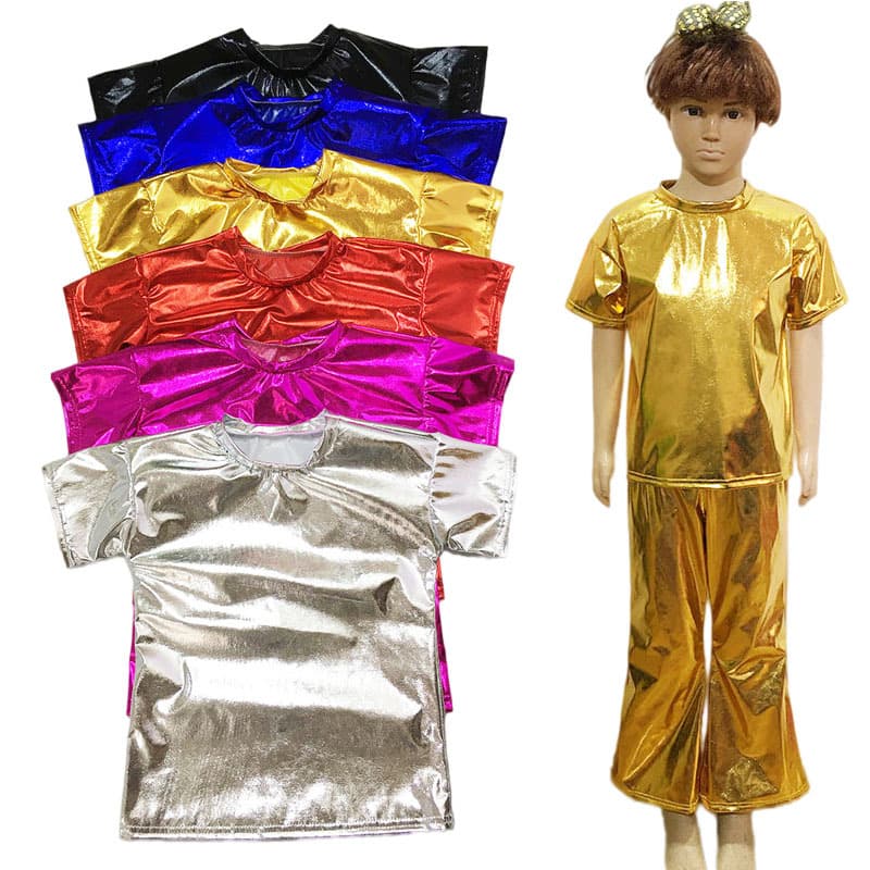 Children's and Adult Performance Shiny Short Sleeve T-Shirt Regular Fit Chorus Stretch Solid Color Top