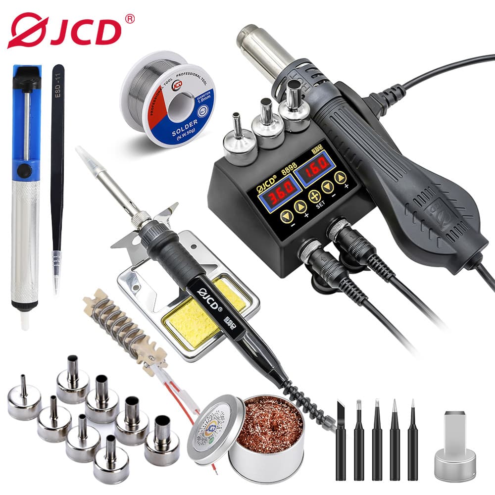 JCD Cross-Border 8898 Hot Air Gun Soldering Iron 2-in-1 Soldering Station Dual Digital Display Large Screen Temperature Control Soldering Station Wall-Mounted Design