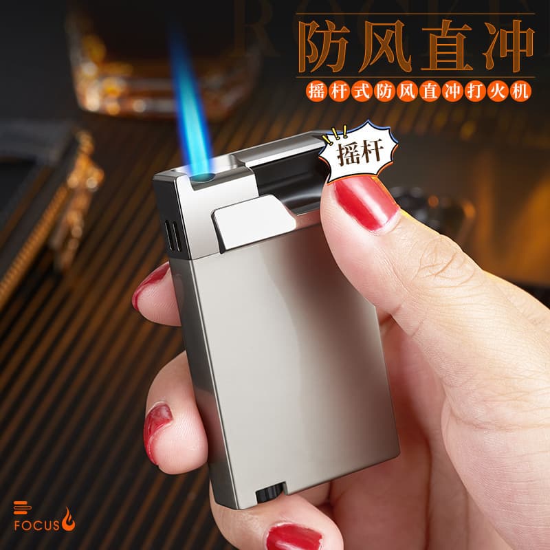 Focus F123 Windproof Lighter Inflatable Thin Straight Blue Flame High Power Ignition Engraved Metal Cigarette Lighter Free