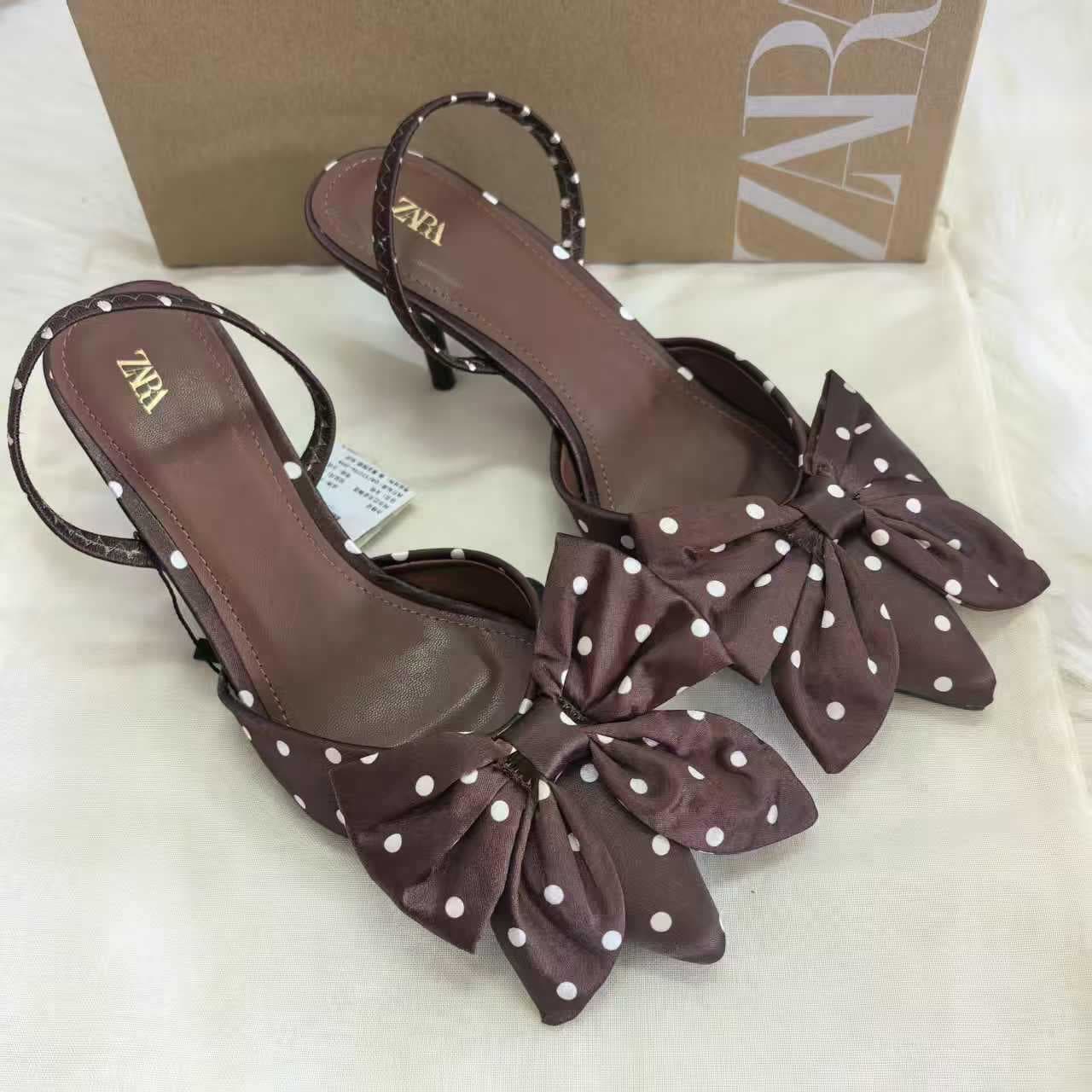 ZA2026 Spring/Summer New Fine Heel Brown Polka Dot Pointed Toe Sandals High Heel Back Strap French Bow Single Shoes for Women