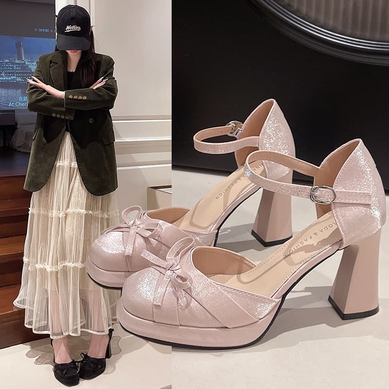 Women's French Mary Jane Shoes 2026 Summer New Chunky Heel Pumps Low Block Heel Platform Dress Heels for Petite