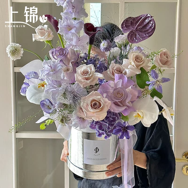 Floral Hug Bucket - Flower Arrangement Bucket, Flower Box Bouquet Packaging Bucket, Silver Handheld Hug Bucket, DIY Flower Shop Supplies