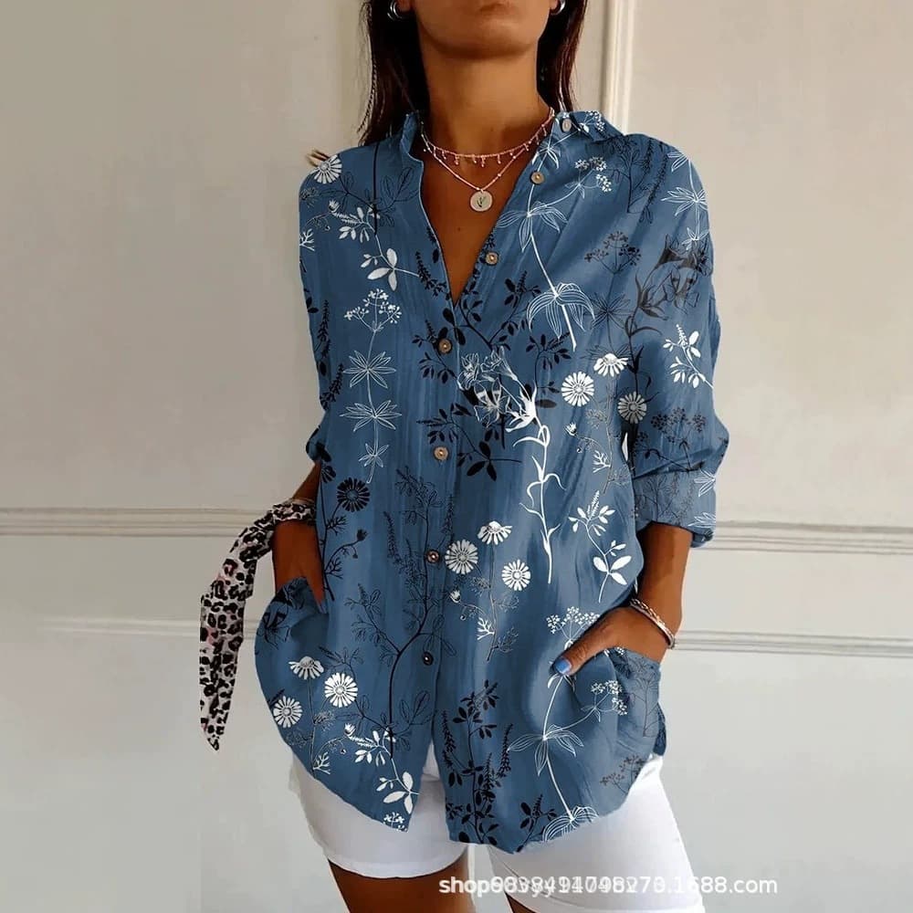 2026 European and American Amazon Striped Long-Sleeve Shirt Women's Rainbow Floral Cardigan Contrast Color Coat Lapel Cross-Border Export