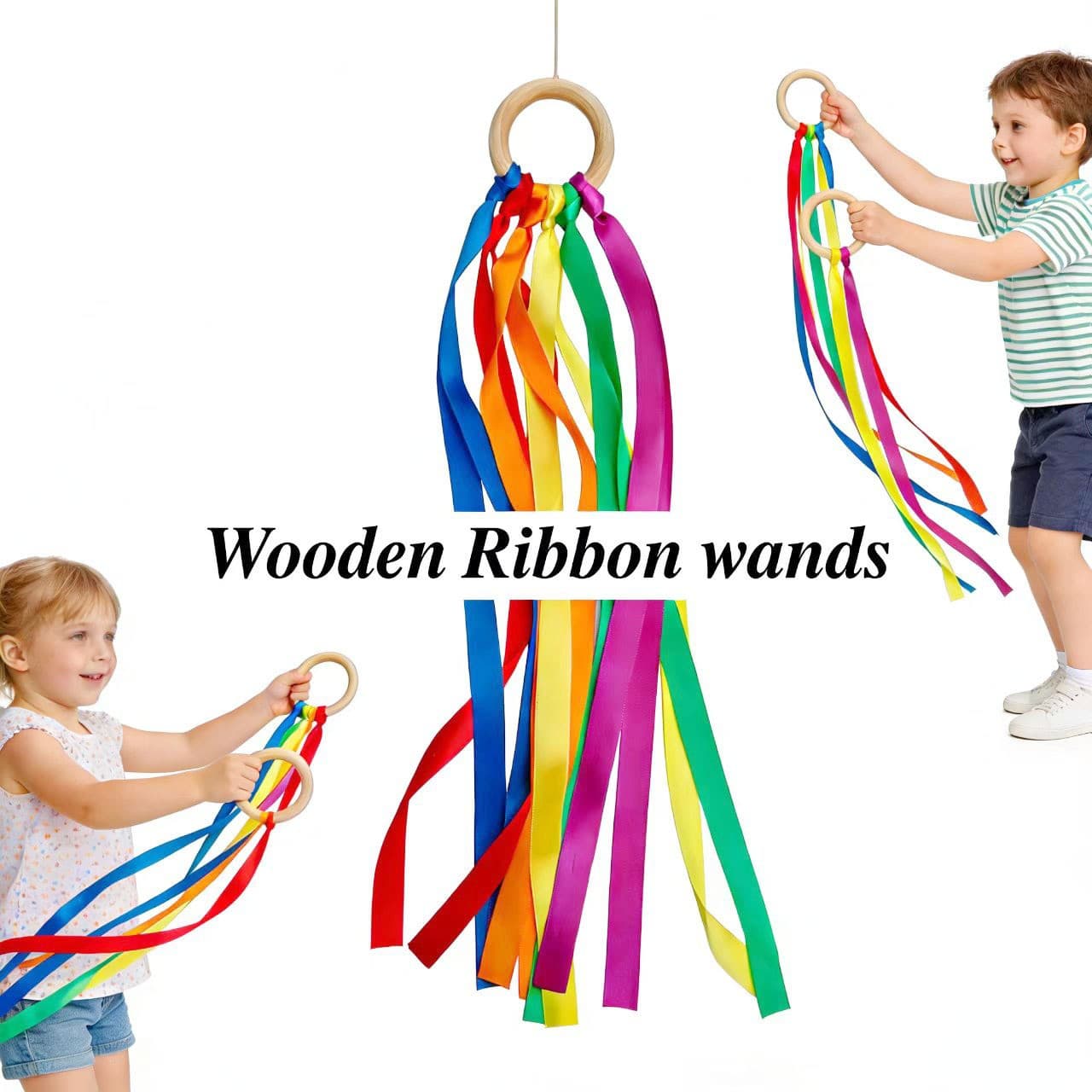 Cross-border Rainbow Ribbon Hand Kite for Kids Dancing Ribbon Rope with Wooden Ring Stick Birthday Party Favor Gift Source