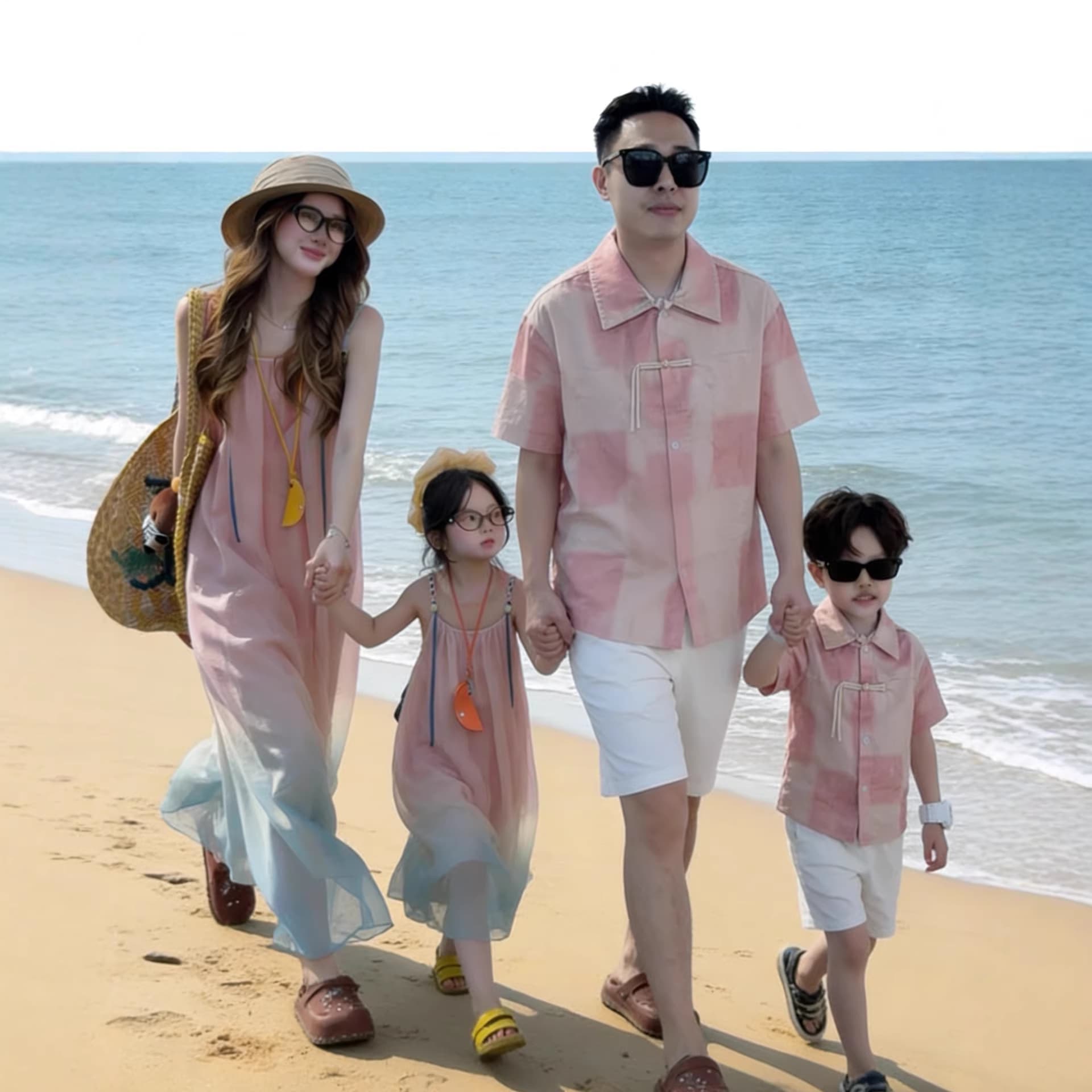 New Chinese-style tie-dye parent-child clothing for summer family of four on beach vacation mother-daughter gradient suspender skirt father-son shirt
