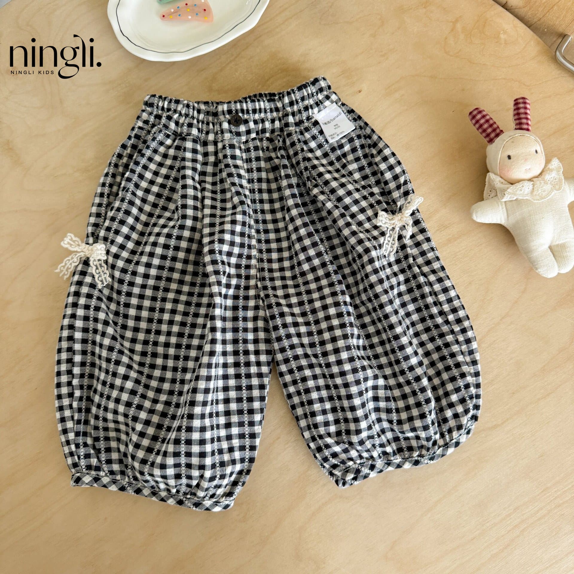 Ningli Girls' Summer Thin Mosquito-Proof Pants New Baby Girls' Capri Pants Plaid Drawstring Pants Summer Clothing