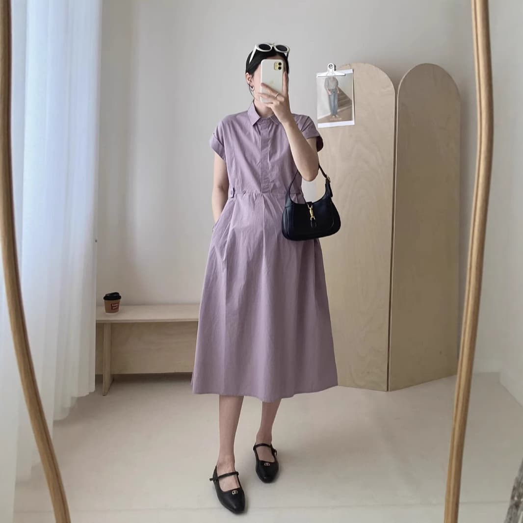 French Chic Maternity Shirt Dress with Turn-Down Collar and Waist Cinching, Unique Design, Non-Obvious Bump, Casual Dress