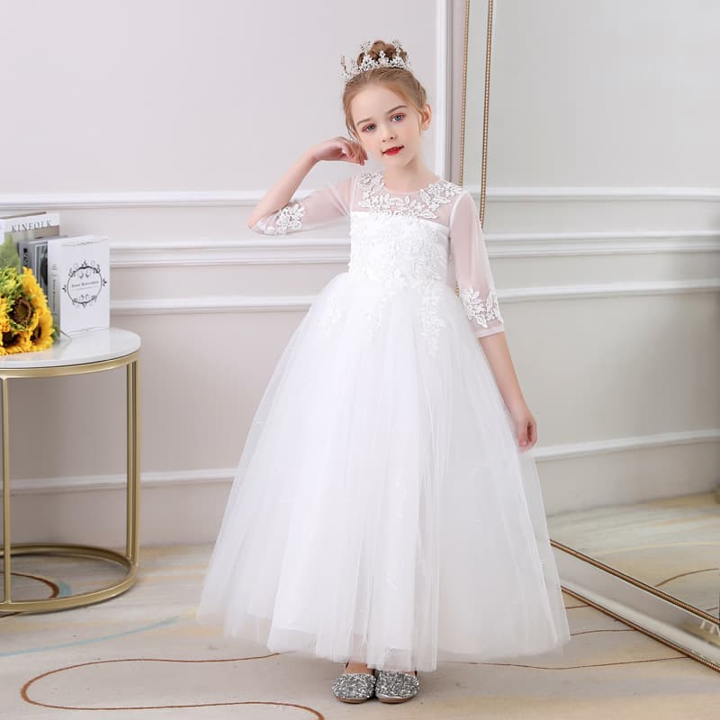 Girls' Dress, Light Luxury Niche Style, Mid-Sleeve Mesh Princess Dress, Flower Girl Wedding Host Piano Performance Dress
