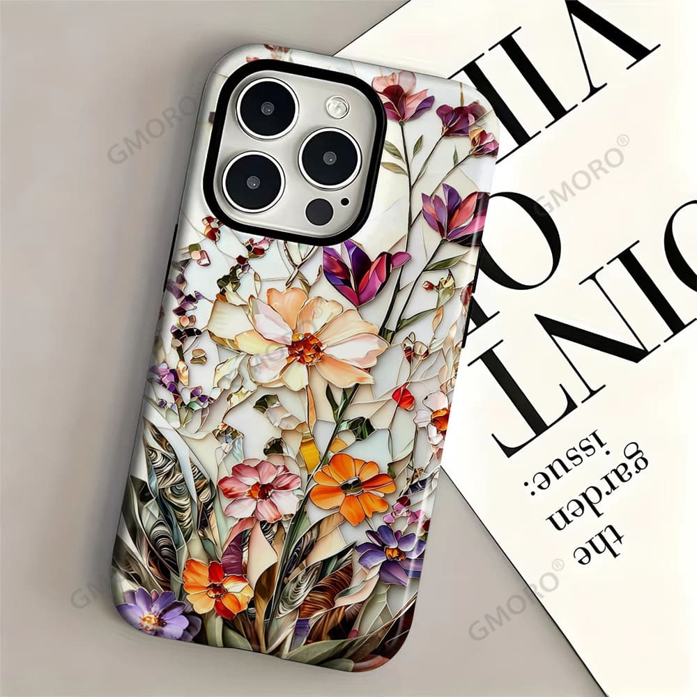 Foreign trade hot-selling mother-of-pearl pattern colorful crystal flower mobile phone case iPhone17 double-layer film Apple 16pm all-inclusive hard case