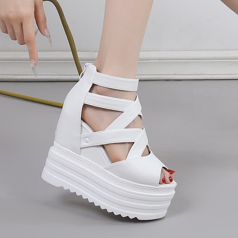 Spring and Summer Hot Sale Wedge Heel Thick Sole Fashion Height Increasing Women's Sandals Cross Strap Platform Shoes 13cm Stiletto Roman Sandals