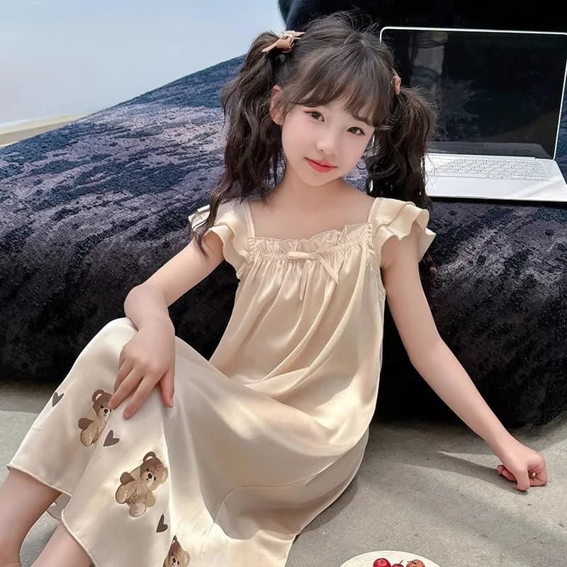 Girls' Summer Nightgown New Korean Style Strappy Nightgown Ice Silk Outerwear Nightgown for Older Children Kids Pajama Dress