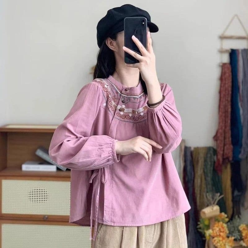 Casual ethnic style shirt for women 2025 spring and autumn new style artistic retro embroidered loose cotton and linen lace-up top