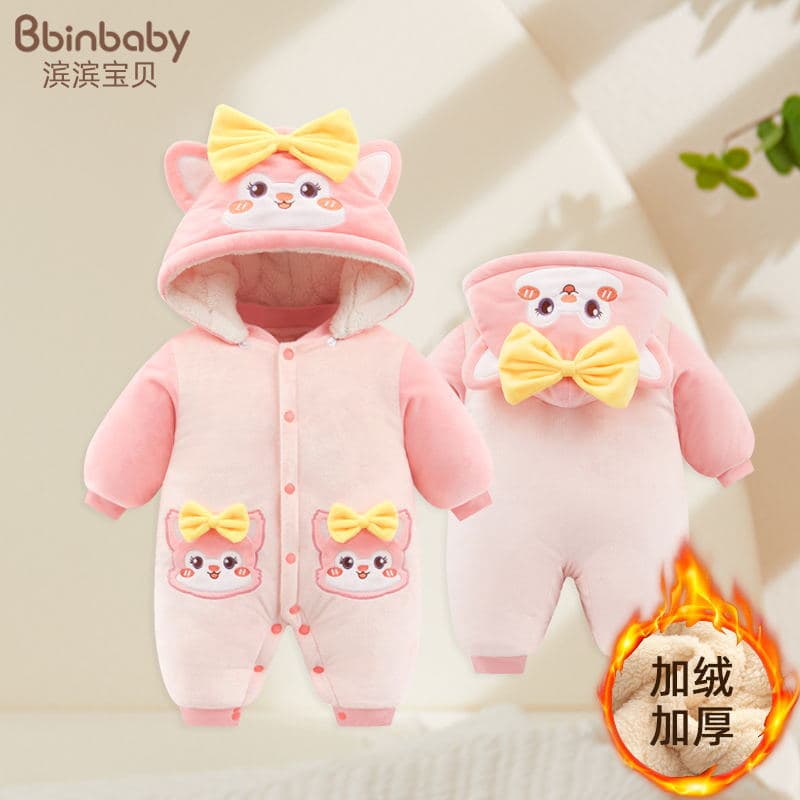 Baby Winter Fleece-Lined Thickened Cotton Padded Jumpsuit for Boys and Girls, Cute Winter Outing Romper, Cotton Padded Jacket