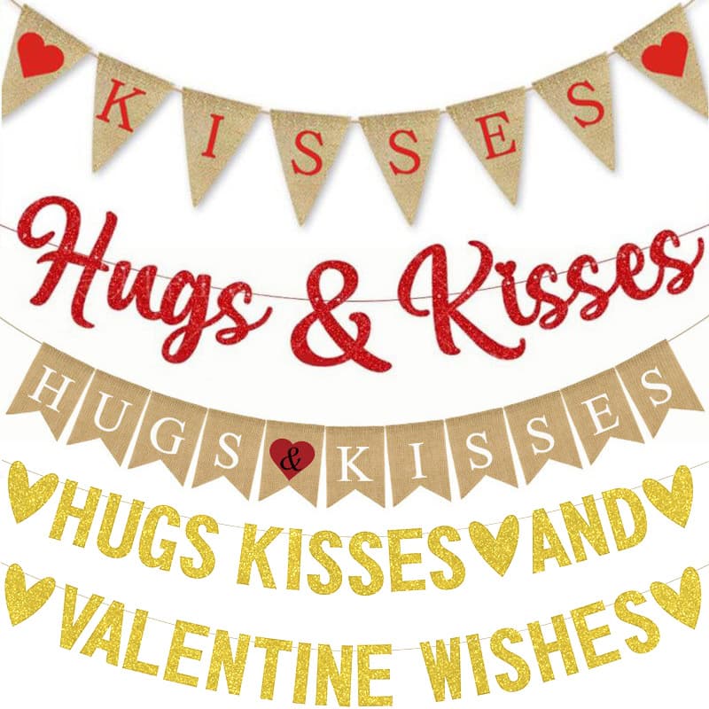 KISSES Burlap Banner Valentine's Day Decoration Garland Wedding Party Hugs & Kisses Glitter Pull String