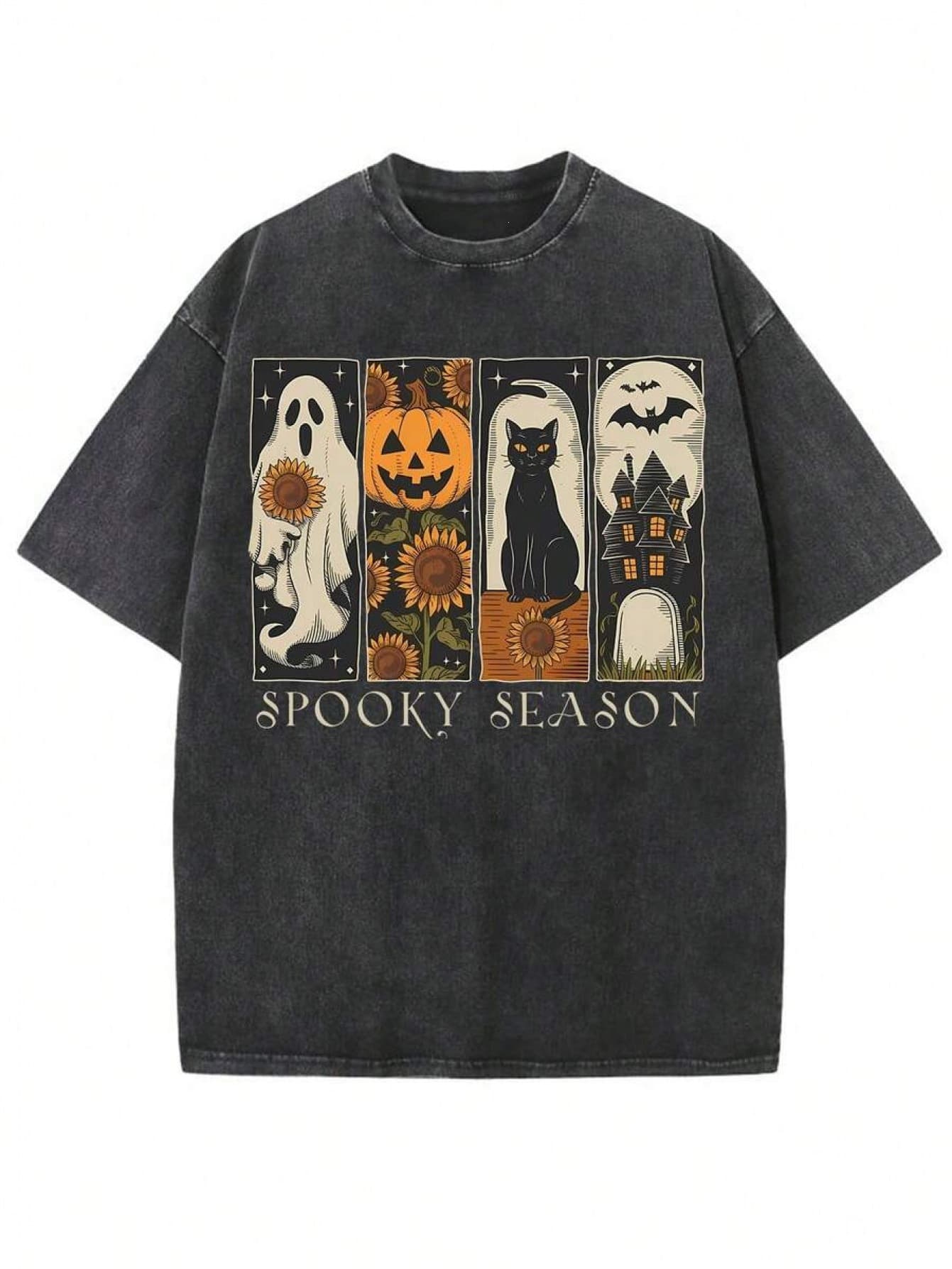 (230g T-Shirt) Halloween Spooky Season Washed Cotton T-Shirt, Pumpkin Black Cat Pattern, Loose Casual Round Neck