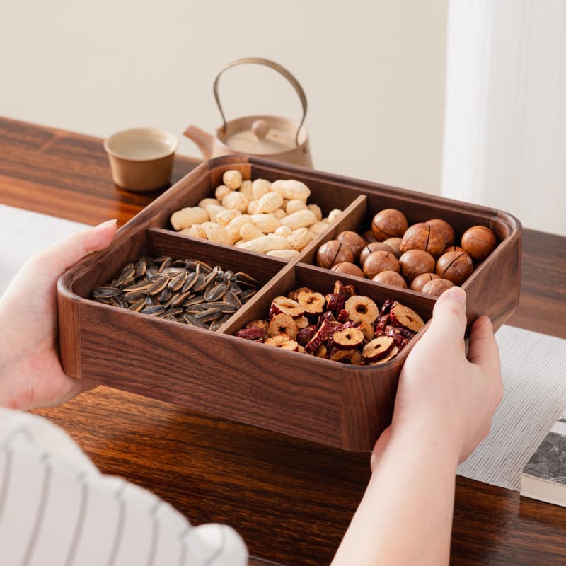 North American Black Walnut Snack Box with Lid, Wooden Dried Fruit Box, Multi-Layer Nut Storage Box, New Year Desktop Candy Box