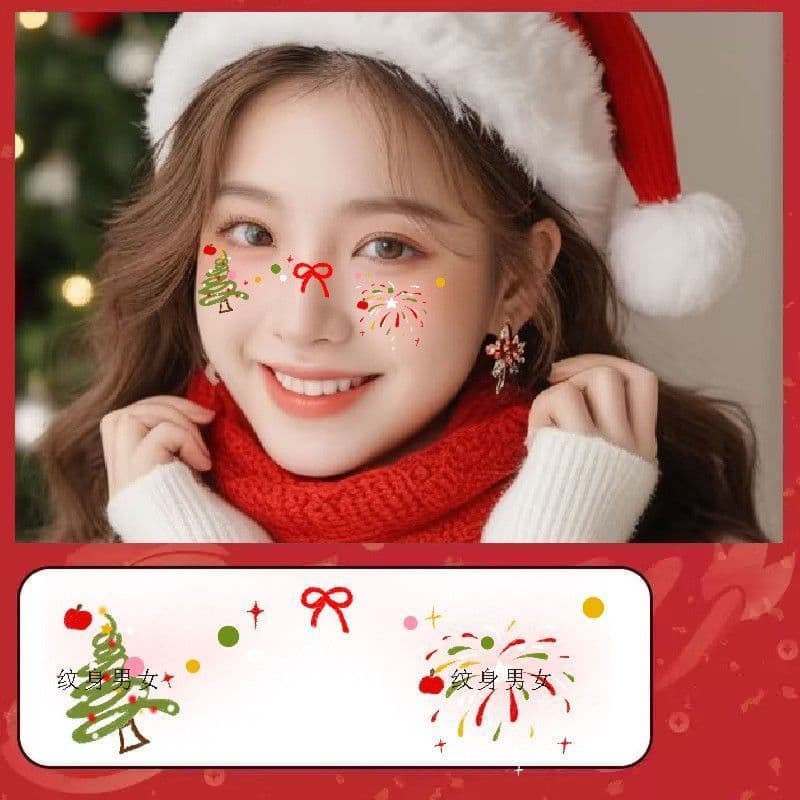Christmas Face Stickers: Christmas Tree, Colorful Fireworks, Gingerbread Man, Heart, Strawberry, Festive Atmosphere Photo Dress-Up Makeup Stickers