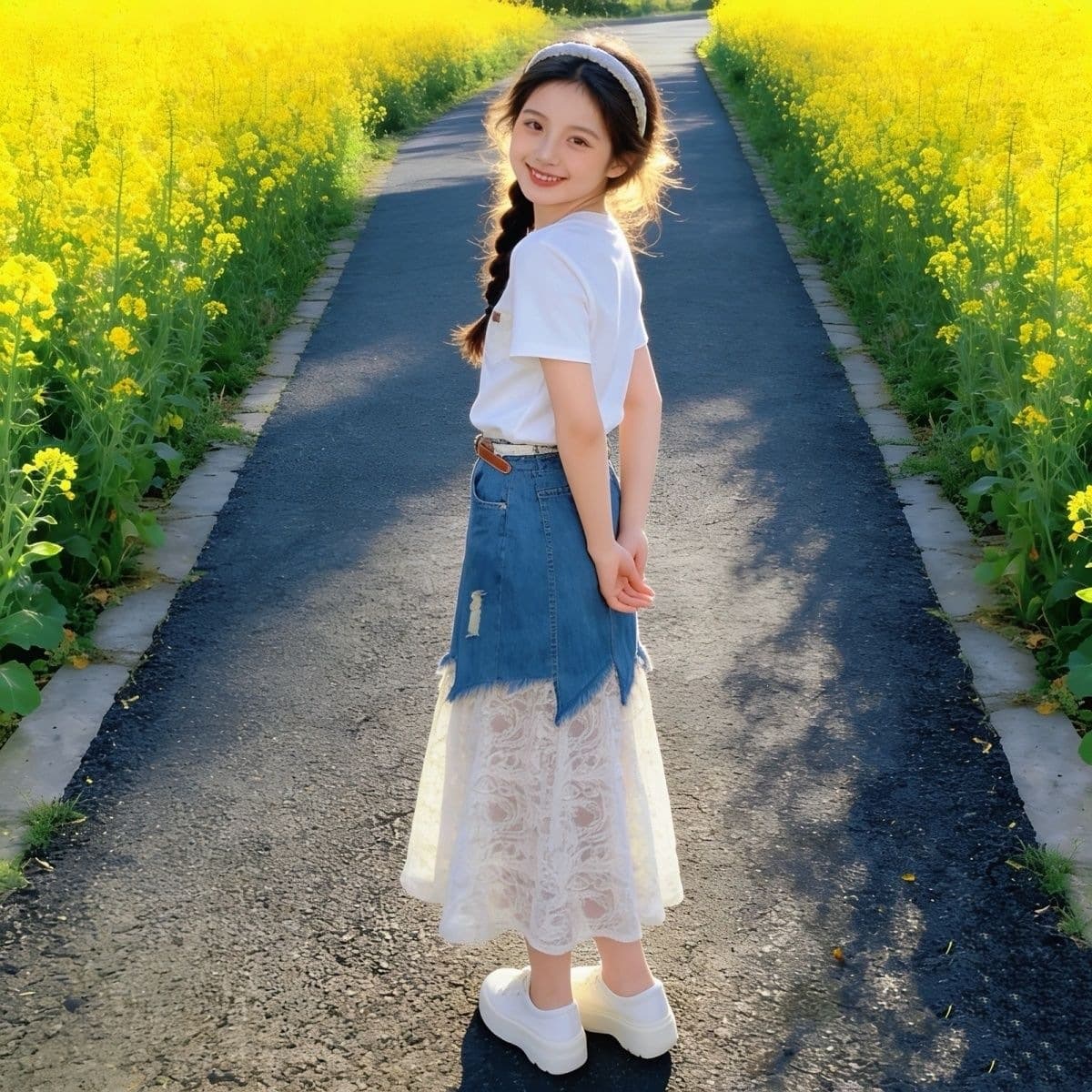 Girls Short Sleeve Set Summer 2026 New Denim Lace Skirt Pastoral Style for Older Kids Fashionable Two-Piece Set